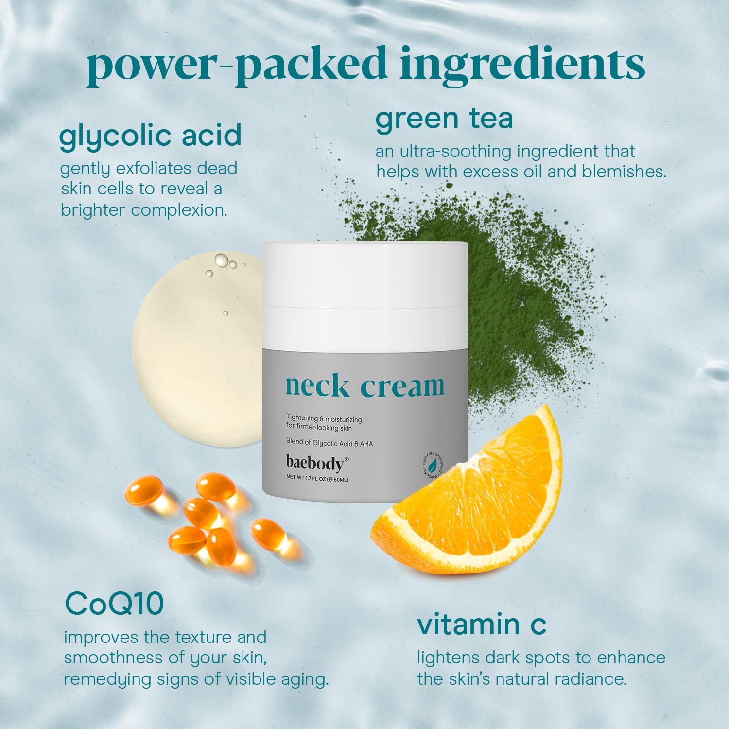 Baebody Neck Cream - Helps Fights the Appearance of Wrinkles. Lifting Moisturizer for Neck, Decollete, and Chest with AHA’s, CoQ10, Glycolic Acid, and Green Tea.